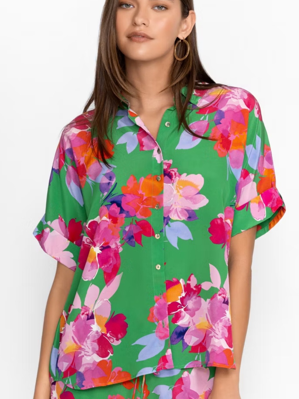 Johnny Was Jade Nadine Silk Floral Tropical Print Blouse Green Pink Size M
